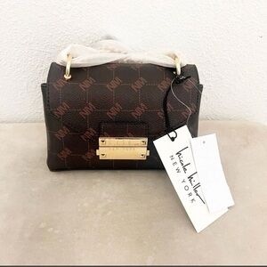 NWT Nicole Miller Faux Leather Crossbody Chain Brown Logo Purse
